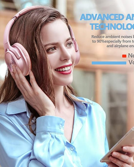 ZIHNIC Active Noise Cancelling Headphones, 40H Playtime Wireless Bluetooth Headset with Deep Bass Hi-Fi Stereo Sound,Comfortable Earpads for Travel/Home/Office (Rose Gold)
