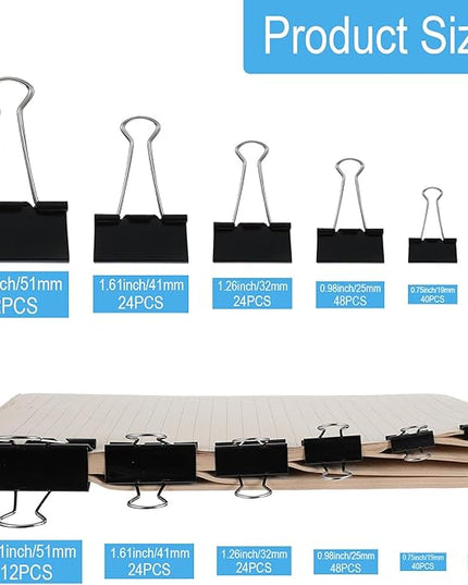 Binder Clips Assorted Sizes Including Extra Large Medium Small Mini and Micro, Office Supplies File Clamps Paper Clips, 6 Sizes in 6 Boxes, 208 PCS Metal Black Clamps for School