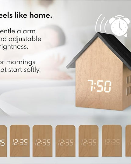 Driini Digital House-Shaped Alarm Clock with Temperature Display (Light Wood) – Modern Aesthetic - Cute Cube Frame and White LED Dimmer - Perfect Large Desk Clock for Bedside Table or Bedroom Mantle