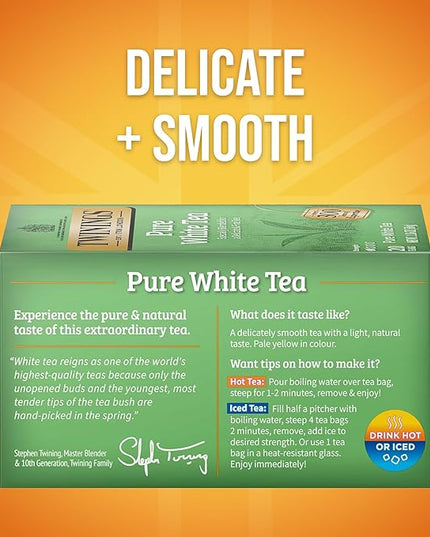 Twinings Pure White Tea Individually Wrapped Bags, 20 Count (Pack of 6), Light & Fresh, Caffeinated, Enjoy Hot or Iced, 120 Teabags