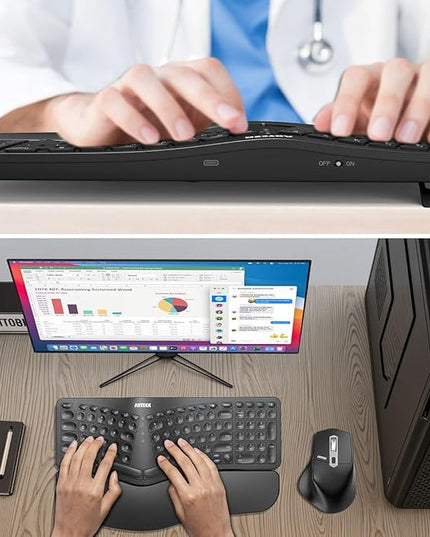 Arteck Ergonomic Keyboard with Cushioned Wrist Palm Rest, Multi-Device Wireless Bluetooth with USB-A USB-C Receiver Comfortable Ergonomic Split Keyboard, for Windows Computer Laptop PC Tablet