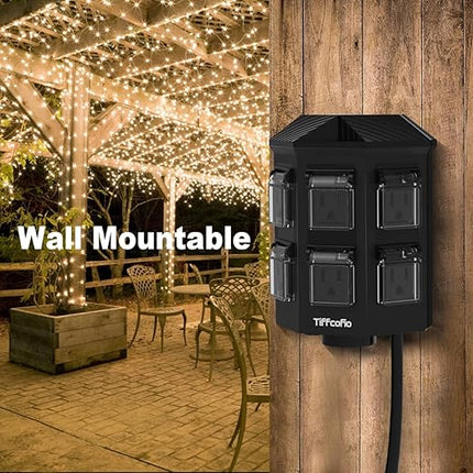 TiFFCOFiO Outdoor Power Strip Waterproof, 24 Hour Mechanical Timer, 6 ft Extension Cord, 6 Grounded Outlets for Outdoor Lights, ETL Listed (100 FT)