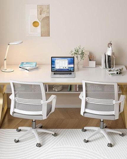 Extra Long Desk with Bookshelf - 63" Double Long Writing Table for 2-Person Workstation, Modern Study Work Computer Desk for Home and Office, Gold