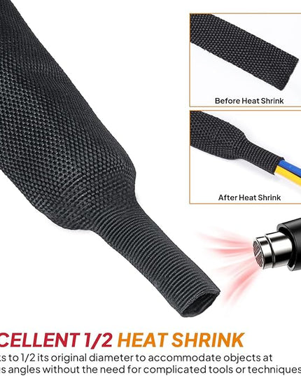 Black 2:1 Ratio Automotive Heat Shrink Braided Sleeving,Wear-Resistant Flat Woven Shrinkable Sleeve Fabric Car Cable Wires Hoses Protection (3/4"-26ft)