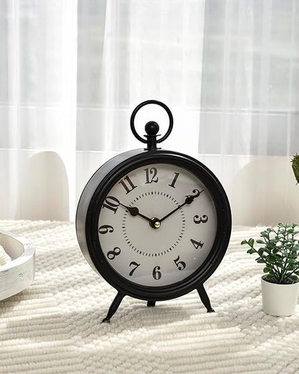 MACVAD Vintage Black Table Clock on Stand, Decorative Desk and Shelf Clock, Rustic Mantel Clock Farmhouse Clock Non-Ticking