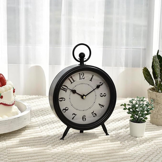 MACVAD Vintage Black Table Clock on Stand, Decorative Desk and Shelf Clock, Rustic Mantel Clock Farmhouse Clock Non-Ticking