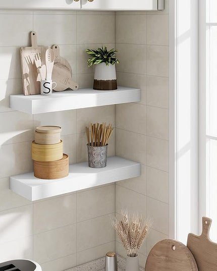 Fun Memories Floating Shelves Bathroom for Wall Mounted Shelves, 20 Inch Wood Shelf Set of 2, Home Storage & Display Decor, White