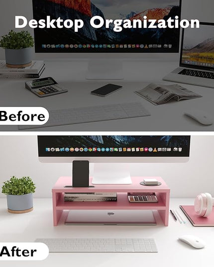 BONTEC Wooden Monitor Stand Riser, 2-Tier Desk Shelf with Storage Organizer, Ergonomic Computer Stand with Cable Management, Cellphone Holder, Pink, 16.5 Inch