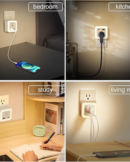 JackonLux Night Lights Plug Into Wall 2 Pack Rechargeable Battery Backup Light Dusk to Dawn Sensor Night Light with Outlet Expander for Adults Kids Bedroom, Kitchen, and Bathroom (Soft White - 3000K)