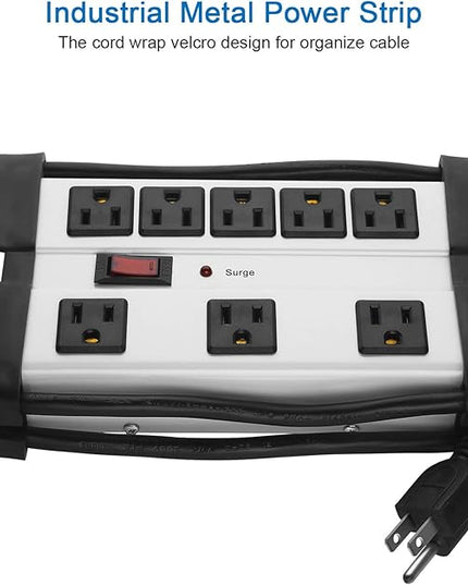 Heavy Duty Surge Protector for Appliances, 8 Outlet Workshop Power Strip with 1200 Joules, Metal with 6FT Extension Cord and Wide Spaced. Grey