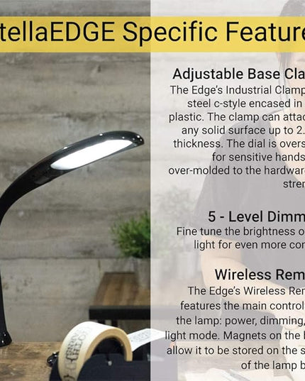 Stella Edge Premium 10W LED Desk Clamp Task Lamp - White - Adjustable Dimmable Low Vision Light - Macular Degeneration Lighting - Hobby Crafting Sewing
