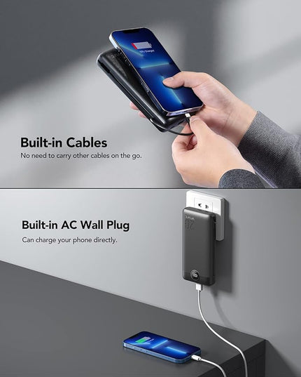 VRURC Portable Charger 20000mAh, Fast Charging Power Bank USB C,4 Output 2 Input Travel Essentials Charging Bank Equipped with LED Display,Built-in Wall Plug and Cables,Phone Charger Battery,Black