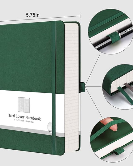 AHGXG Graph Paper Notebook - 320 Pages Grid Notebook Thick Journal A5, 100gsm Thick Graph Paper, Leather Hardcover, Inner Pocket,5.75'' × 8.38''- Green