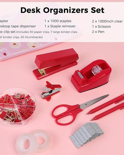 SKYDUE Red Office Supplies Set, Desk Accessories, Stapler, Tape Dispenser, Scissors, Binder/Paper Clips and 1000pcs Staples, Office Decor for Women