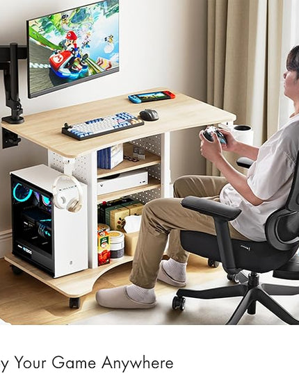 EUREKA ERGONOMIC Gaming Desk Computer, 37" Rolling Desk on Wheels for Small Space, Mobile Computer Cart with Pegboards Adjustable Shelves for Gaming PS Switch, Craft Station, Home Office - Maple