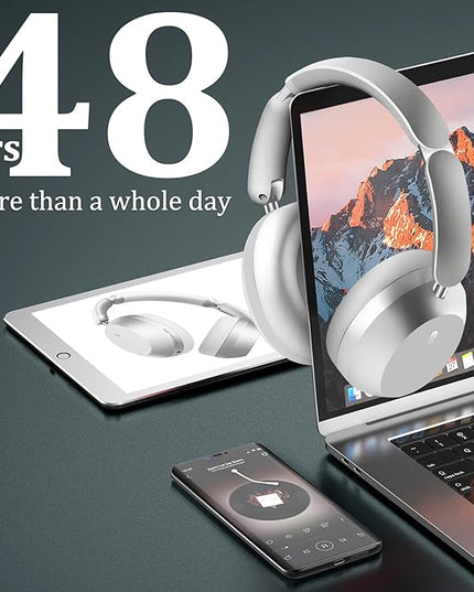 Wentronic Y04 Bluetooth Headphones Active Noise Cancelling Wireless Over Ear Headphones 48 Hours Playtime High Sound Quality Foldable Headphones with Soft Ear Cushion for Travel - Silver
