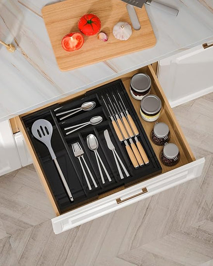 Bamboo-Silverware-Drawer-Organizer-Kitchen, Expandable Utensil Holder Cutlery Tray Flatware Organization Adjustable Wood Tableware Dividers Storage (with Removable Knife Block)(Black)