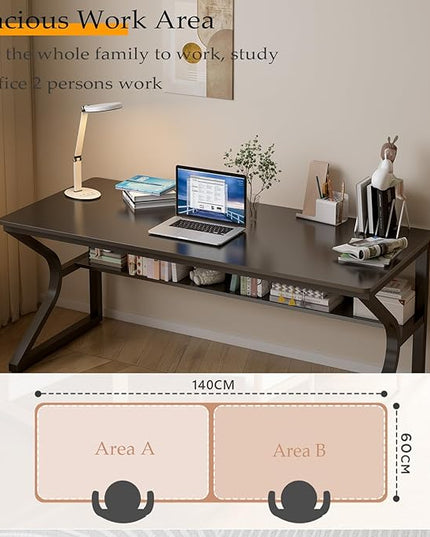 Extra Long Desk with Bookshelf - 55" Double Long Writing Table for 2-Person Workstation, Modern Study Work Computer Desk for Home and Office, Black