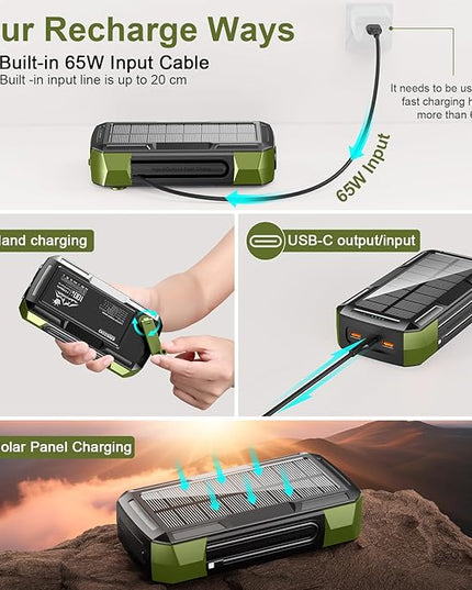 Solar Charger Power Bank 73200mAh, Portable Laptop Charger with 100W USB-C in/Output, Built-in Cables, Hand Crank Power Bank for Mobile Phones, Ideal for Outdoor Use with SOS/Strobe/Strong (green)