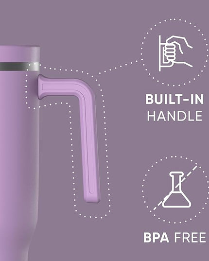 Hydrapeak Voyager 40 Oz Stainless Steel Tumbler with Handle, Insulated Water Bottle With Straw & Lid, Cupholder Friendly Reusable Travel Mug (Mauve)