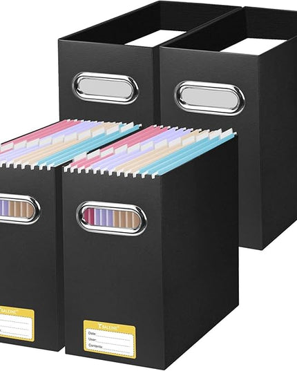 BALEINE File Organizer Box, Cardboard File Folder Organizer with Handle for Letter Size, Portable Collapsible Hanging Filing Box for Home Office Document Storage (4 Pack, Black)