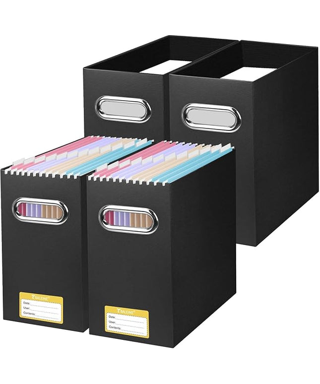 BALEINE File Organizer Box, Cardboard File Folder Organizer with Handle for Letter Size, Portable Collapsible Hanging Filing Box for Home Office Document Storage (4 Pack, Black)