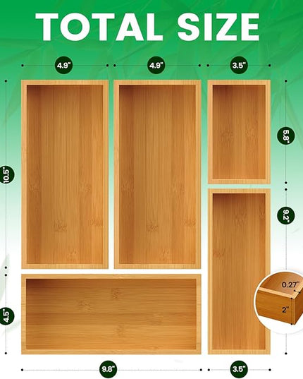 Bamboo Drawer Organizer Set, 5-Piece Storage Trays for Kitchen, Bathroom, Office Desk, Makeup & Junk Drawers,Utensils