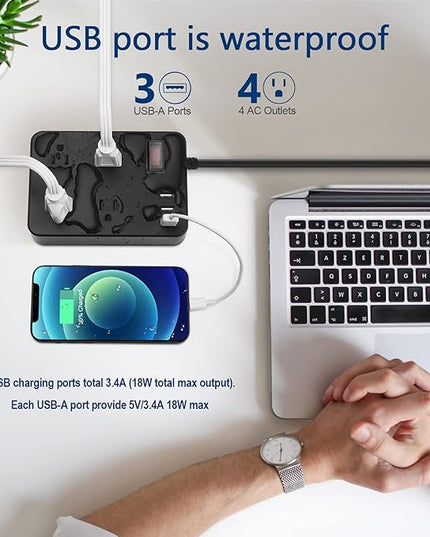 Outdoor Power Strip Weatherproof,Waterproof Surge Protector with 4 Outlets,3 USB,Shockproof Overload Protection, Multi Outlet Extension for Camping, Garden, Kitchen, Bathroom, 6ft Cord,with Flat Plug