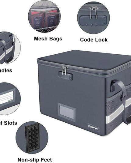 ENGPOW File Box with Lock, Fireproof Document Box with Zipper Lid, Collapsible File Organizer Storage Filing Cabinet with Handle, Portable Home Office Safe for Hanging Letter/Legal Folders, Grey