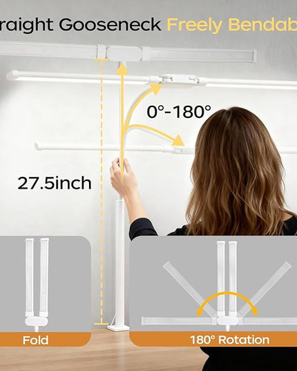 LED Desk Lamp with Clamp, Double Head Adjustable Architect Light, Eye-Caring Monitor Desk Lamp for Home Office, Flexible Gooseneck Task Lamp with 10 Brightness Levels & 5 Color Temperature Modes White