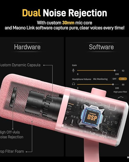 MAONO XLR/USB Gaming Microphone Kit: Dynamic PC Mic for Streaming Podcasting, Software Support, Mute Button, Gain Control, RGB Computer Mic with Boom Arm Stand, for Recording, PS4/PS5, PD100XS Pink
