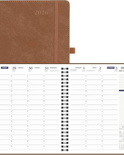 POPRUN 2026 Weekly Planner 30-Mintue (Medium 7'' x 8.5'') - From Jan 2026 to Dec 2026 - Two Pages Per Week Appointment Book with Monthly Tabs, Softcover, Inner Pocket, Pen Holder - Brown