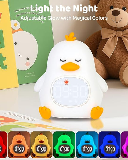 Sleepy Duck Alarm Clock with Night Light for Kids with Sleep Training and Sound Machine, Rechargeable Silicone Lamp OK to Wake Clock，Cute Animal Tabletop Lamp, Perfect Sleep Companion for Boys Girls