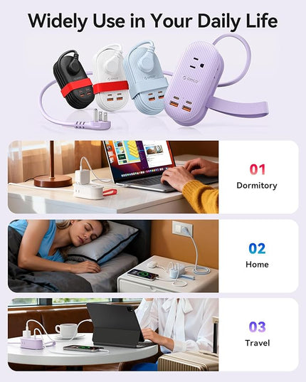 ORICO 22.5W Travel Power Strip, 7 in 1 Charging Station with 3AC, 2 USB-A, 2 USB-C, 4ft Thin Extension Cord, Flat Plug Fashion Essential for Travel/Home/Office/Library/Dorm -TK22