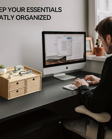 KIRIGEN Desk Organizer with 3 Drawers - Wood Drawer Storage Box with Trays for Tabletop - Workspace Office Toiletries Supplies Tool Caddy - Wooden Storage Cabinet Natural（DT1D3C-NA）