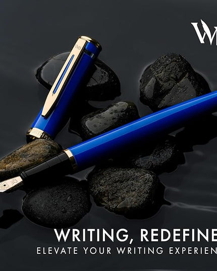Wordsworth & Black Fountain Pen Set, 18K Gilded Medium Nib, Includes 24 Pack Ink Cartridges, Ink Refill Converter & Gift Pouch, Gold Finish, Calligraphy, [Imperial Blue], Perfect for Men & Women…