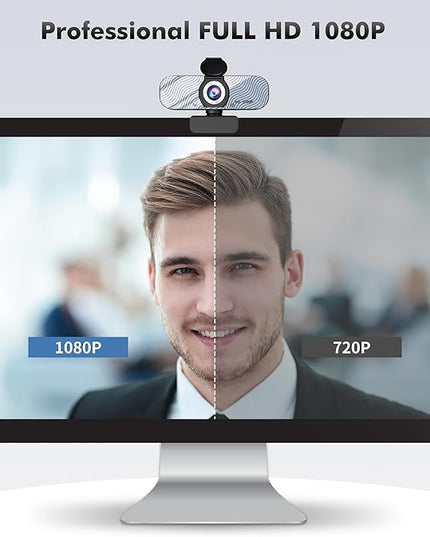 USB HD Webcam with Built-in Microphone and Rotatable Tripod, 1080P Video, Wide Angle Camera, Privacy Cover, for Desktop PC or Laptop Computer（White）