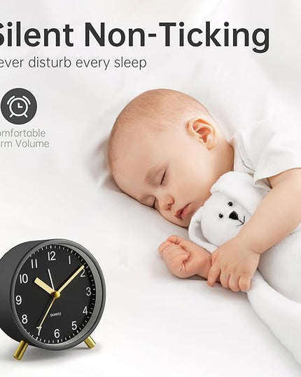 Analog Alarm Clock, 4 inch Super Silent Non Ticking Small Clock with Night Light, Battery Operated, Simple Design, easy setting for Office, Bedroom, Bedside, Desk, teens, elders, kids, adult, Black