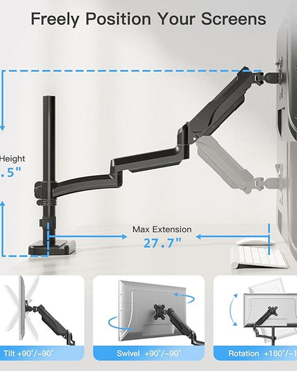 MOUNTUP 27 inch Extra Long Monitor Arm, Single Desk Mount for 22-32 inch, Tall Monitor Stand Holds 4.4-19.8lbs, Height Adjustable Monitors Stand for Desk with C-Clamp/Grommet Base, Black