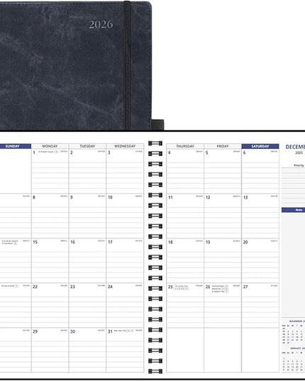 POPRUN 2026-2027 Monthly Planner A4 Size, 16 Months Calendar (Dec 2025-Mar 2027), 2 Pages per Month with Dotted & Lined Note, Monthly Tabs, Spiral Softcover, 2 Inner Pockets - Black