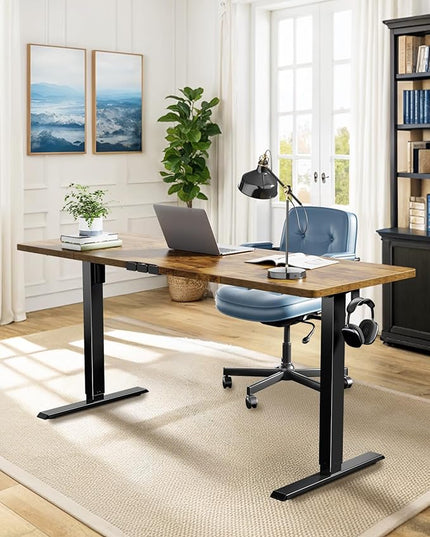 HUANUO 63 x 24 inch Electric Standing Desk, Height Adjustable Table with Headphone Hooks & Cable Manager, Sit to Stand up Desk for Home Office, Vintage Brown