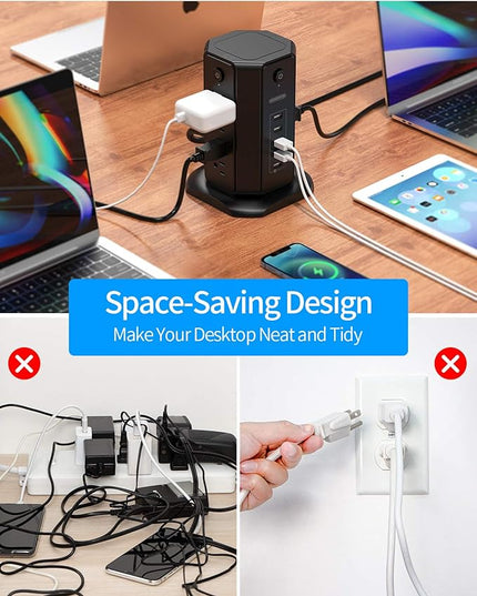 10ft Extension Cord Power Strip Tower, NTONPOWER Flat Plug Surge Protector with 8 Outlets 5 USB Desktop Charging Station, Individual Switches, 1080 Joules, 13A Circuit Breaker for Home Office, Black