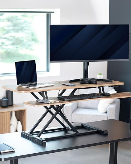 VIVO 48 inch Desk Converter, K Series, Height Adjustable Sit to Stand Riser, Dual Monitor and Laptop Workstation with Wide Keyboard Tray, Reclaimed Wood Top, Black Frame, DESK-V048KP