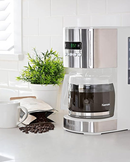 Kenmore Drip Coffee Maker - 12 Cup Programmable Cafe Machine With Glass Pot, Regular & Bold Brew, Auto Shut Off Large Water Reservoir, Reusable Filter, Kitchen Appliances For Cafeteria Barista, White