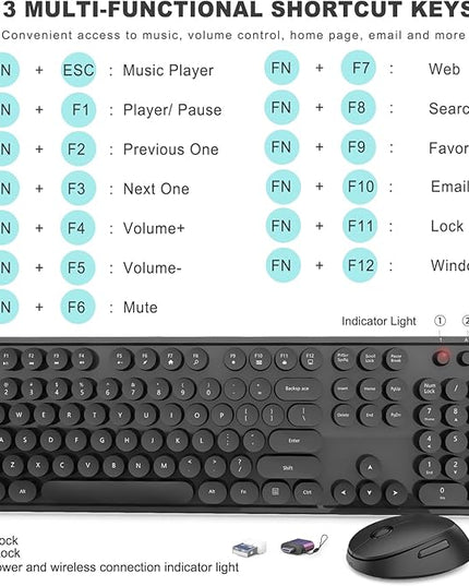 Wireless Keyboard and Mouse Combo, Ergonomic Full Size Typewriter Retro Round Keycaps Keyboard, Compatible with Windows, PC, Perfer for Home and Office Keyboards (Black
