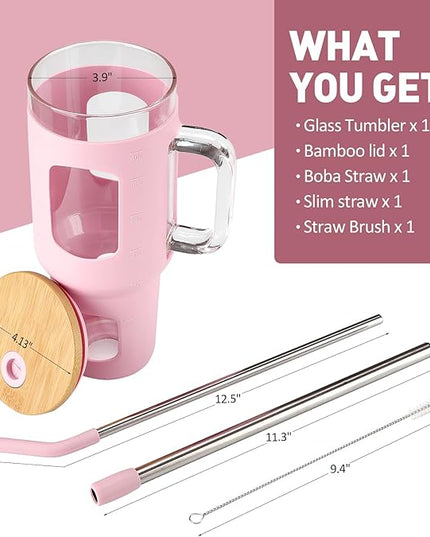 Glass Tumbler with Straw and Lid, 40 oz glass cup with handle, Glass Water Bottles with Time Marker, Silicone Protective Sleeve-Pink