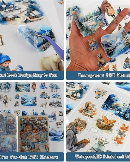 Dwpetzo Winter Pre-Cut Journal Sticker Book for Junk Journaling, Transparent PET White Snow Landscape Stickers for Scrapbook Supplies, Scrapbooking, Collage, Planners, Bujo, 20 Sheets