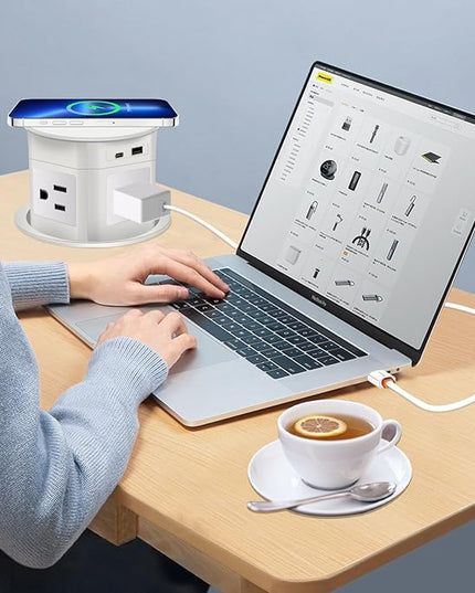 Pop Up Outlet 15W Wireless Charger,with 4 Outlets 1875W USB-C PD20W Super Charging 6.5FT 16AWG Cable 3.86 inch Desk Hole Pop Up Power Outlet for Kitchen Countertop,Office Conference Table (White)