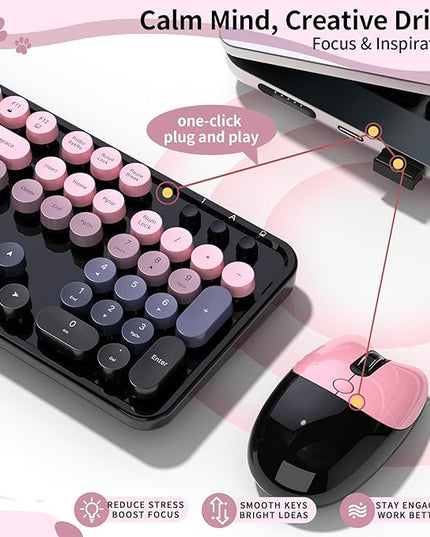 Wireless Keyboard and Mouse, MOFII 104 Round Keycaps Retro Typewriter with OTG & Brush, Full-Size Ergonomic, Ideal for Windows PC, Home, Office and College Peach Pink