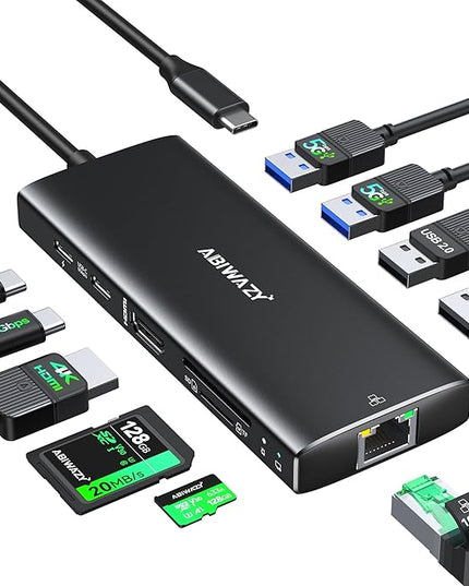 ABIWAZY USB C Hub Multiport Adapter, 10 in 1 USBC to Ethernet Adapter with 4K HDMI, Ethernet Gigabit, 100W PD, USB-C Data Port and SD/TF Slot for MacBook Pro/Air, Dell XPS, iPad Pro, Galaxy (Black)